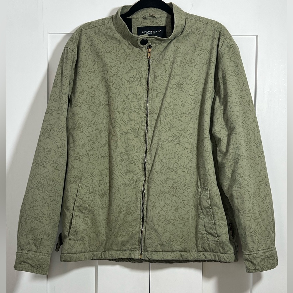Distance Denim Green Floral Lined Zip Jacket Size XL